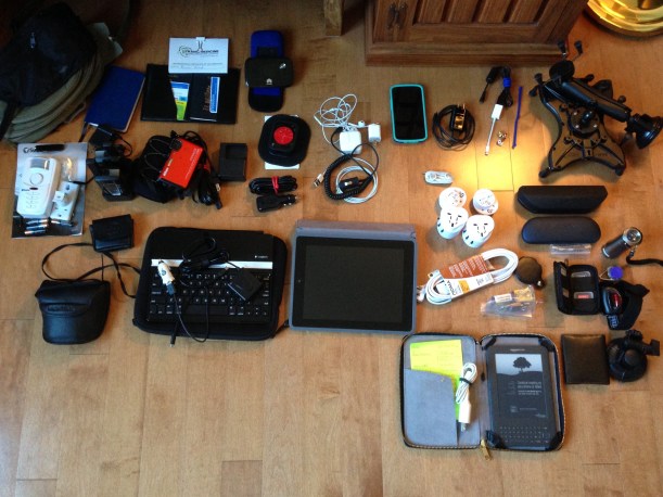 Packing gadgets just prior to leaving home. We used virtually everything here except the Walkie-Talkie. 