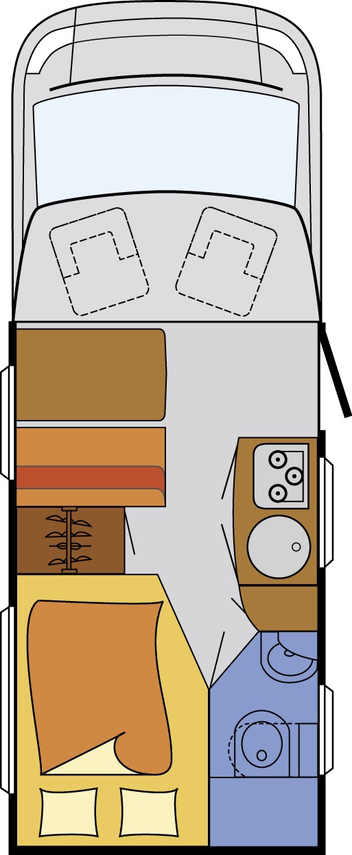 Our fantastic Sunlight T58 layout. Before leaving home I thought this would be the  perfect motorhome but probably too big for driving in old Europe... wrong!
